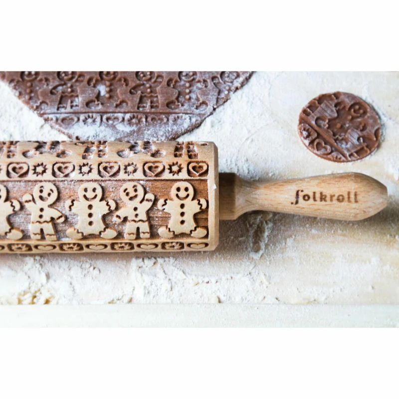 Folkroll Teigrolle Lebkuchenmann, junior, 23 cm, Nudelholz, Prägerolle, Muster, Motiv, Rolle, Buchenholz, 332788