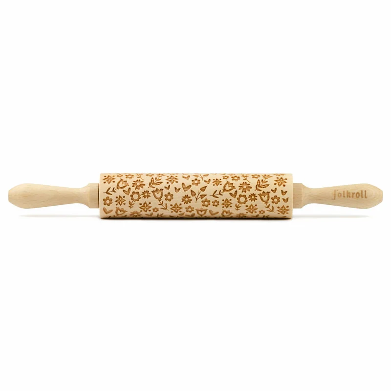 Folkroll Teigrolle Flower Power, medium, 37 cm, Nudelholz, Prägerolle, Muster, Motiv, Rolle, Buchenholz, 339978