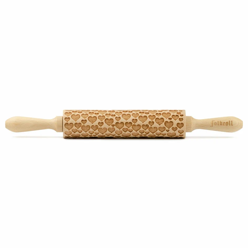 Folkroll Teigrolle Herzen, medium, 37 cm, Nudelholz, Prägerolle, Muster, Motiv, Rolle, Buchenholz, 339992