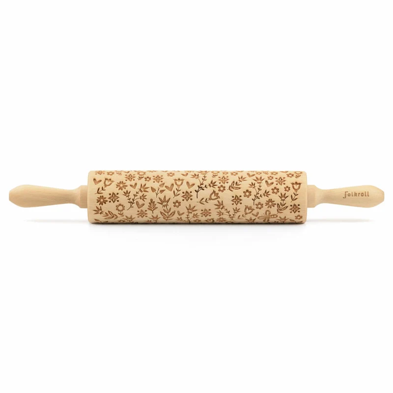 Folkroll Teigrolle Flower Power, groß, 43 cm, Nudelholz, Prägerolle, Muster, Motiv, Rolle, Buchenholz, 331149