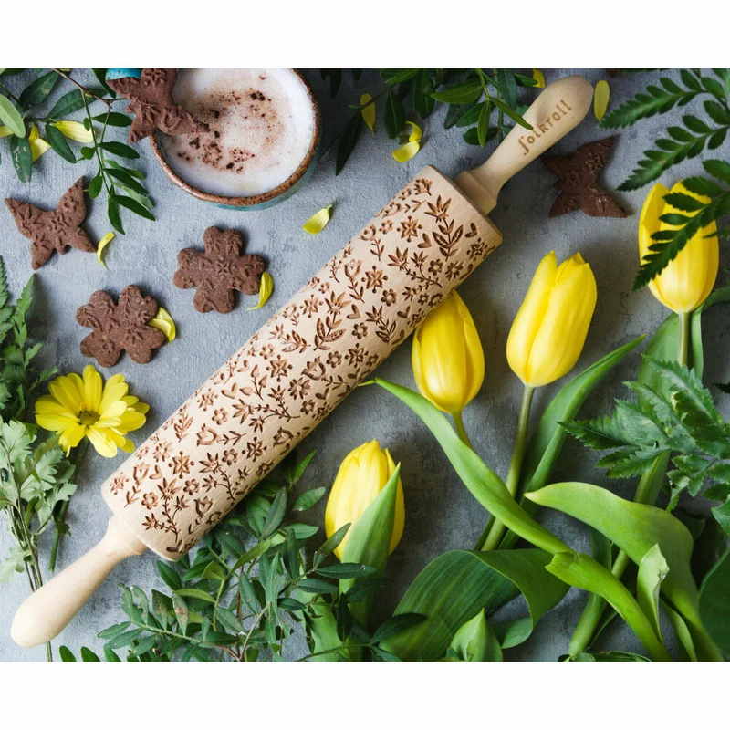 Folkroll Teigrolle Flower Power, groß, 43 cm, Nudelholz, Prägerolle, Muster, Motiv, Rolle, Buchenholz, 331149