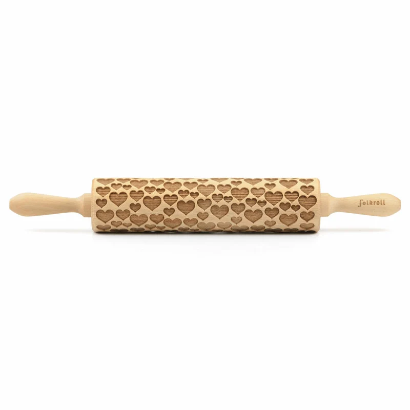 Folkroll Teigrolle Herzen, groß, 43 cm, Nudelholz, Prägerolle, Muster, Motiv, Rolle, Buchenholz, 331415