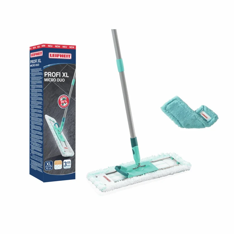 Leifheit Bodenwischer Profi XL micro duo + duster static Bezug, Wischmopp, Stahlstiel, Kunstfaser, 55170
