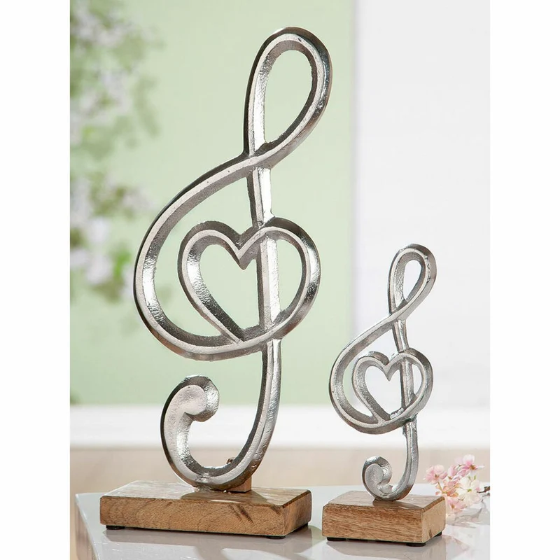 Gilde Notenschlüssel mit Herz, Dekoration, Dekoobjekt, Skulptur, Aluminium / Mangoholz, H 22 cm, 45691