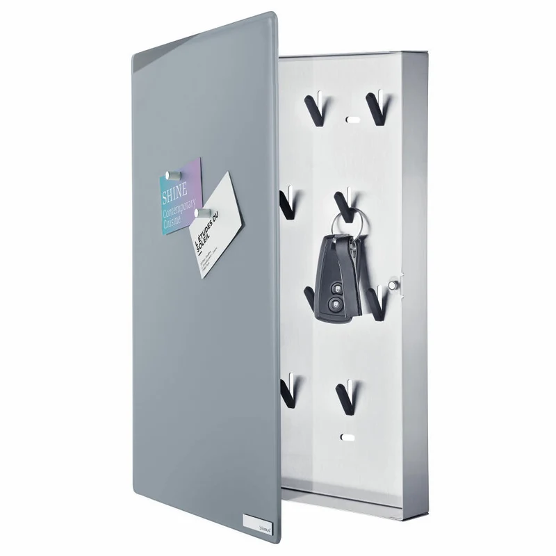 Blomus Velio Schlüsselkasten, Glasmagnettafel, Magnetwand, Schlüsselbrett, Edelstahl, Grau, 40x30x5cm, 65368