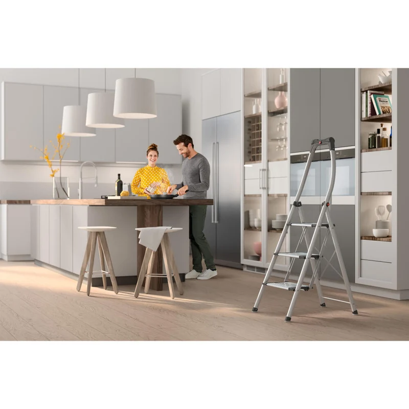 Hailo Trittleiter K100 TopLine, Haushaltsleiter, Aluminium, Silberfarben, 3 Stufen, 4303-301