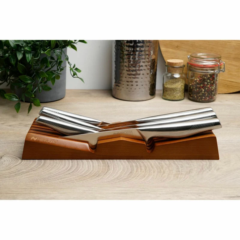 Nirosta Schubladeneinsatz Fair für 6 Messer, Messerablage, Buchenholz, Braun, 35 x 9.5 x 4.5 cm, 47999