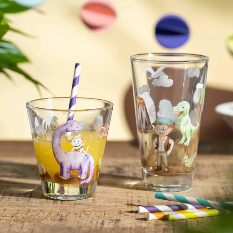 Leonardo Trinkset Bambini Avventura Dino 3-tlg., Trinkbecher, Kalk-Natron-Glas, Mehrfarbig, 300 ml, 023677