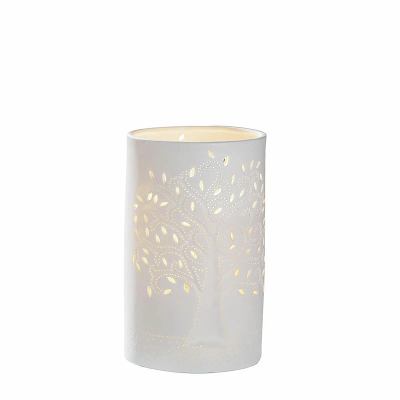 Gilde Lampe Zylinder Lebensbaum, Dekoleuchte, Tischleuchte, Tischlampe, Porzellan, Weiß, H 20 cm, 34919