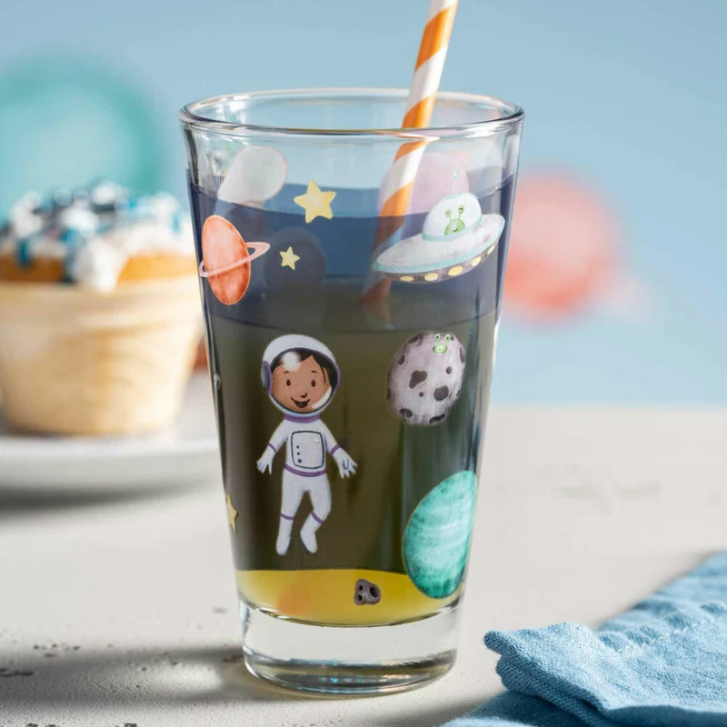 Leonardo Trinkglas Bambini Avventura Weltall, Trinkbecher, Kalk-Natron-Glas, Mehrfarbig, 300 ml, 044413