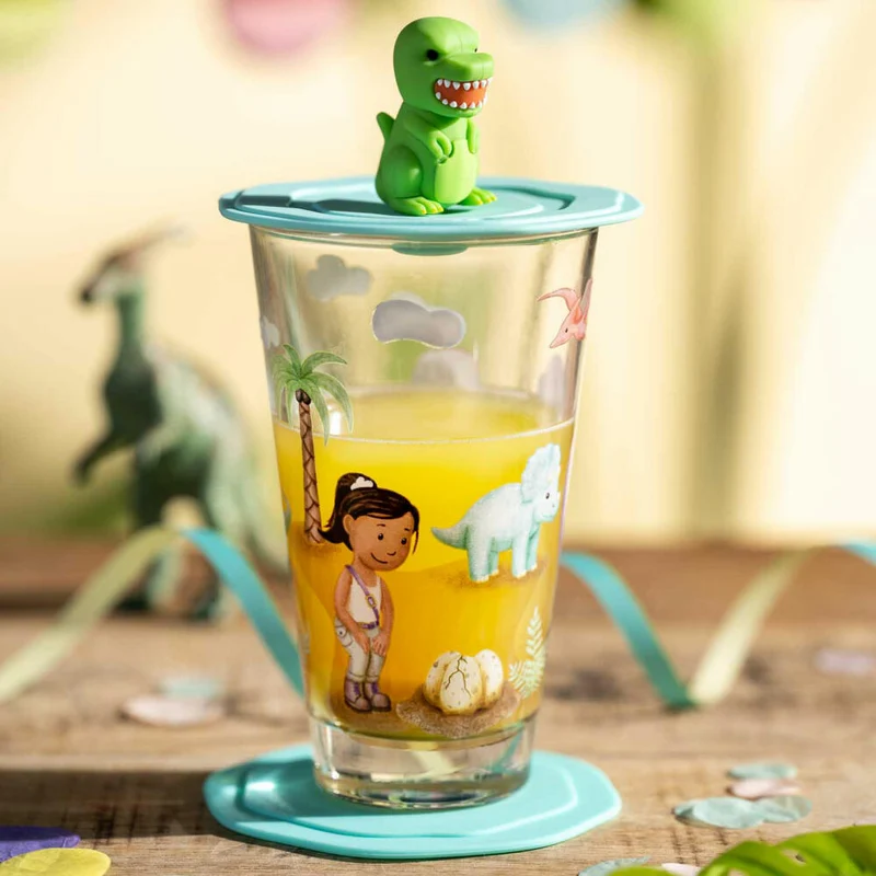 Leonardo Trinkglas Bambini Avventura Dino, Trinkbecher, Kalk-Natron-Glas, Mehrfarbig, 300 ml, 044422