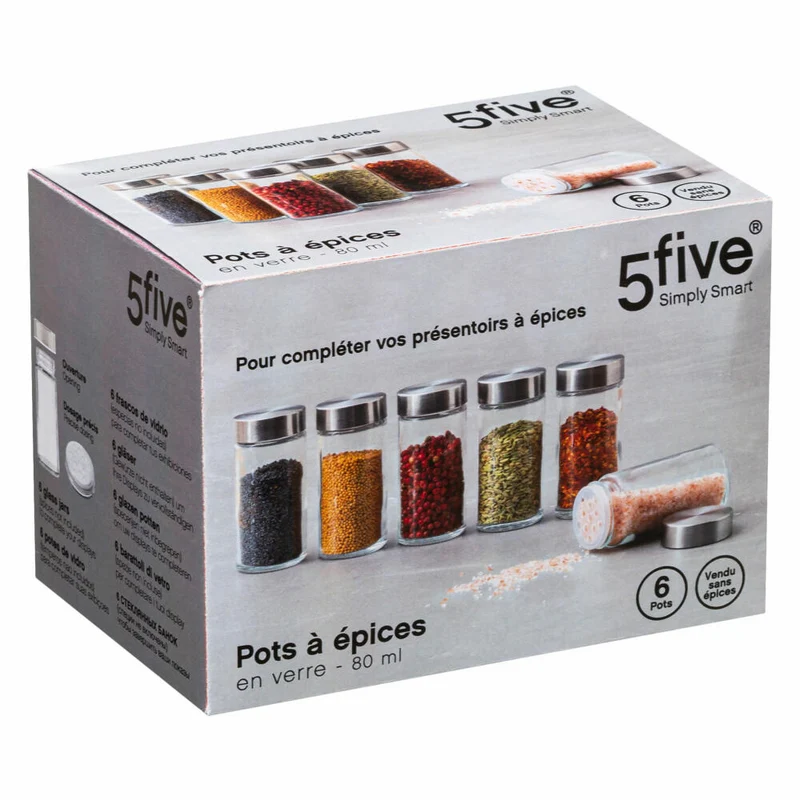5Five Simply Smart Gewürzdosen-Set 6-tlg., Gewürzspender für Gewürzregal, Glas, je 80 ml, 151233