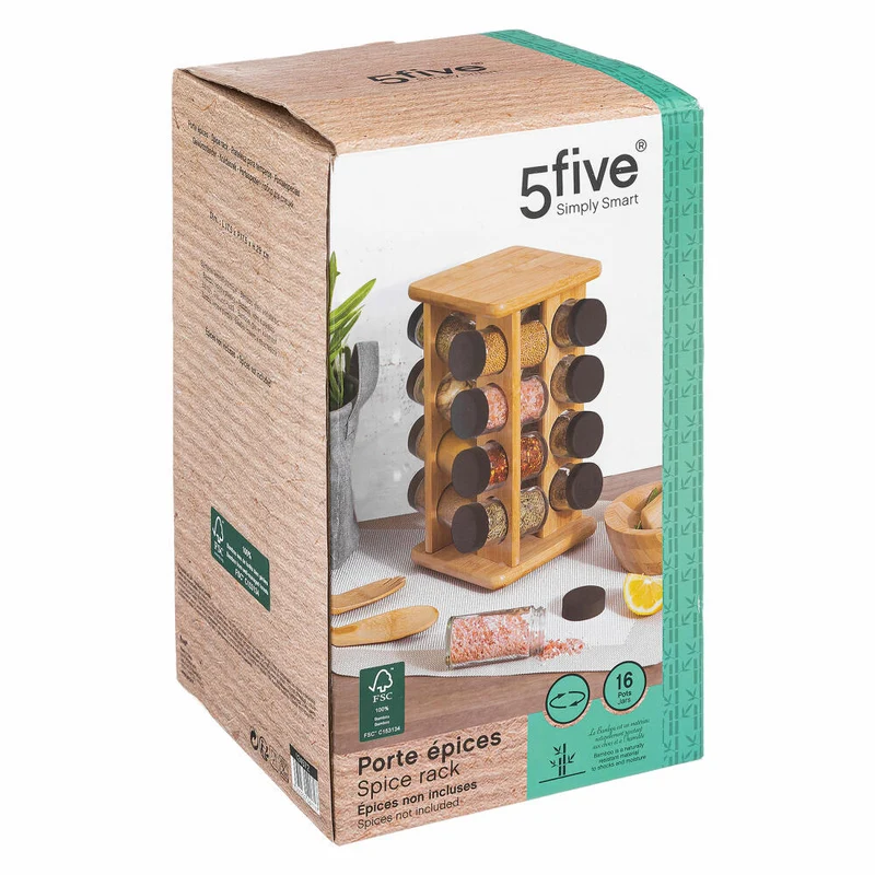 5Five Simply Smart Bambus-Gewürzkarussell, mit 16 Gewürzdosen aus Glas, 27.7 cm, 124572