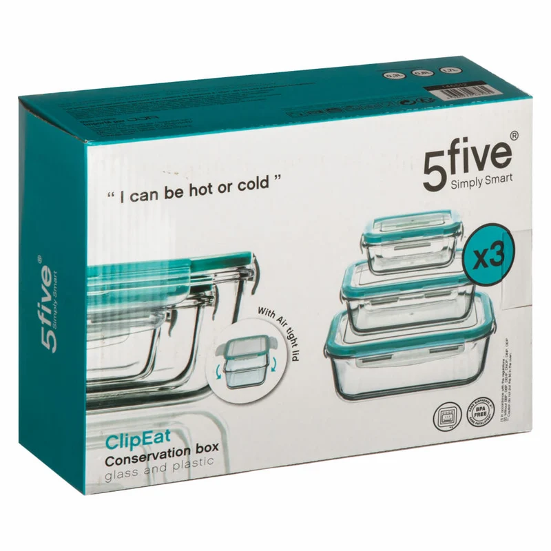 5Five Simply Smart Frischhaltedosen-Set ClipEat 3-tlg., luftdicht verschließbare Vorratsdosen, Glas, 330 ml + 800 ml + 1.7 L, 146512