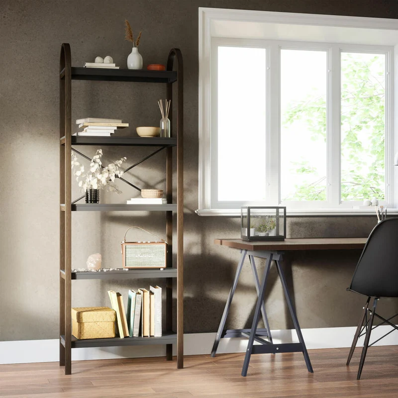 Umbra Regal Bellwood, freistehend mit 5 Ablagen, Standregal, Eschenholz, Schwarz / Walnuss, 1016840-048