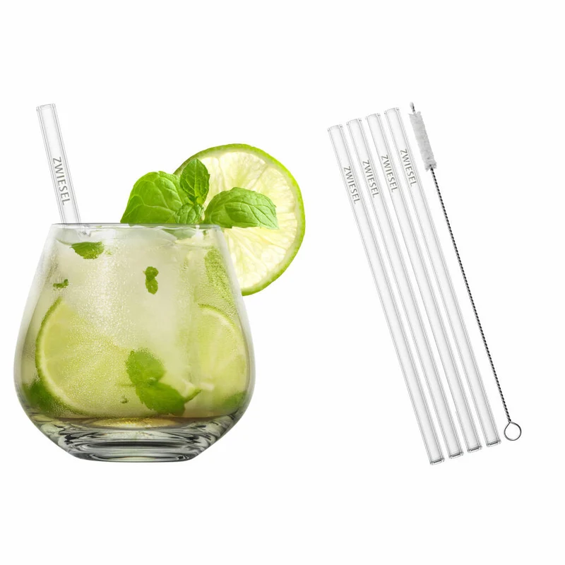 Schott Zwiesel Drinks-Set After Work 9-tlg., 4 Becher mit Glastrinkhalmen und Bürste, Glas, 130015
