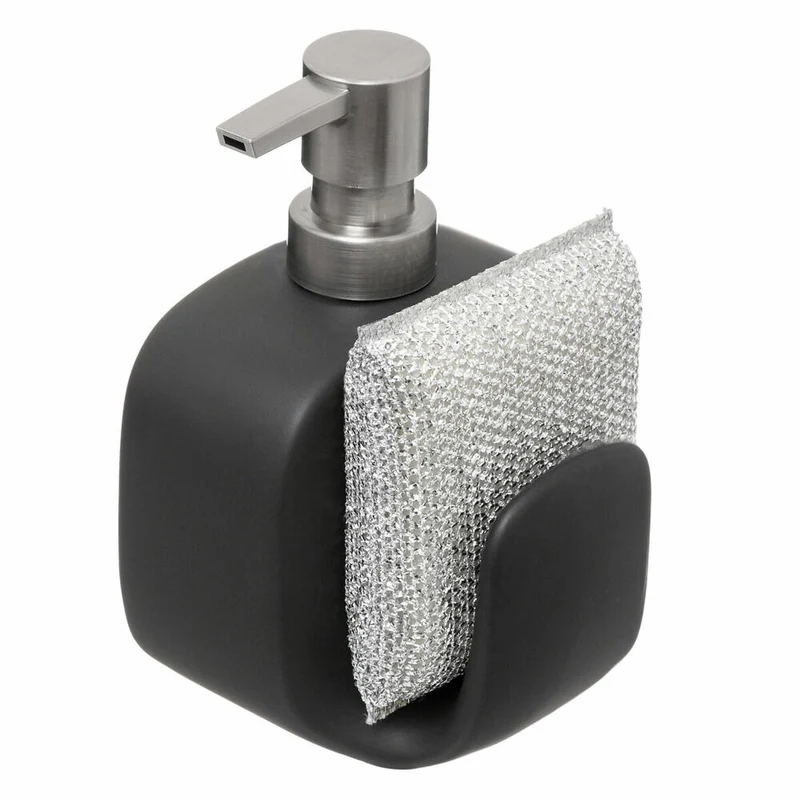 5five Simply Smart Seifenspender mit Spülschwamm, Steinzeug, Kunststoff, Schwarz, 400 ml, 167782