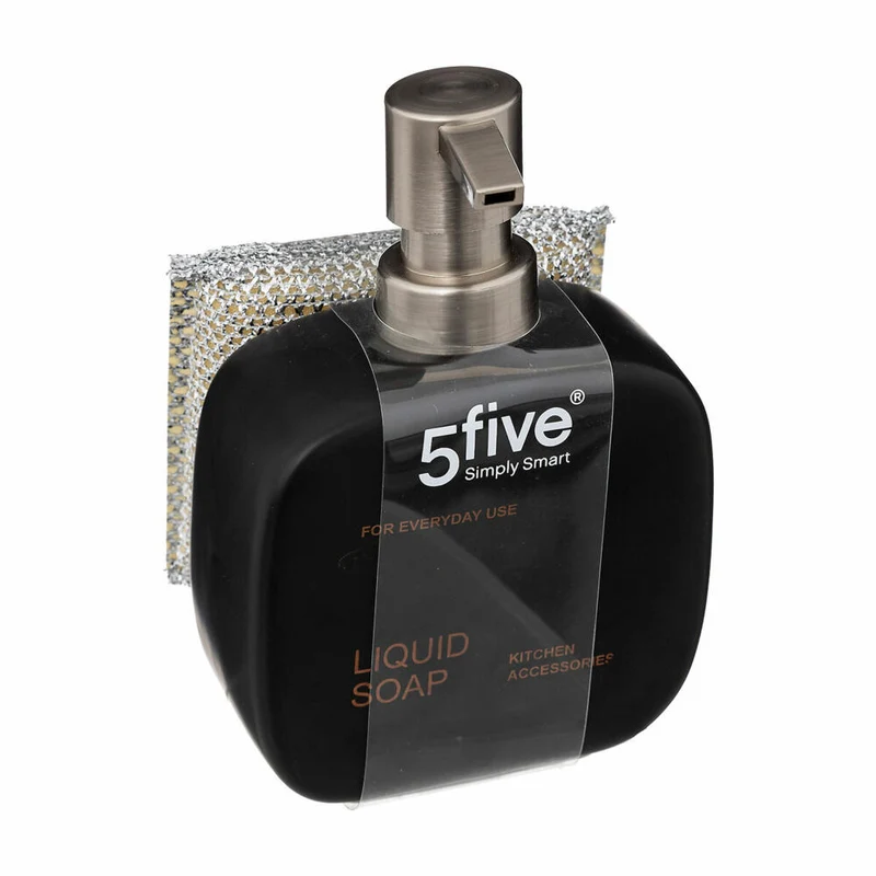 5five Simply Smart Seifenspender mit Spülschwamm, Steinzeug, Kunststoff, Schwarz, 400 ml, 167782