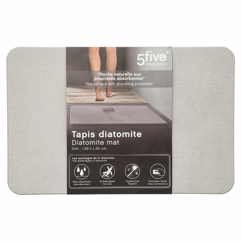 5five Simply Smart Kieselgur-Badematte, Fußmatte fürs Bad, Diatomit, Grau, 60 x 39 cm, 174683