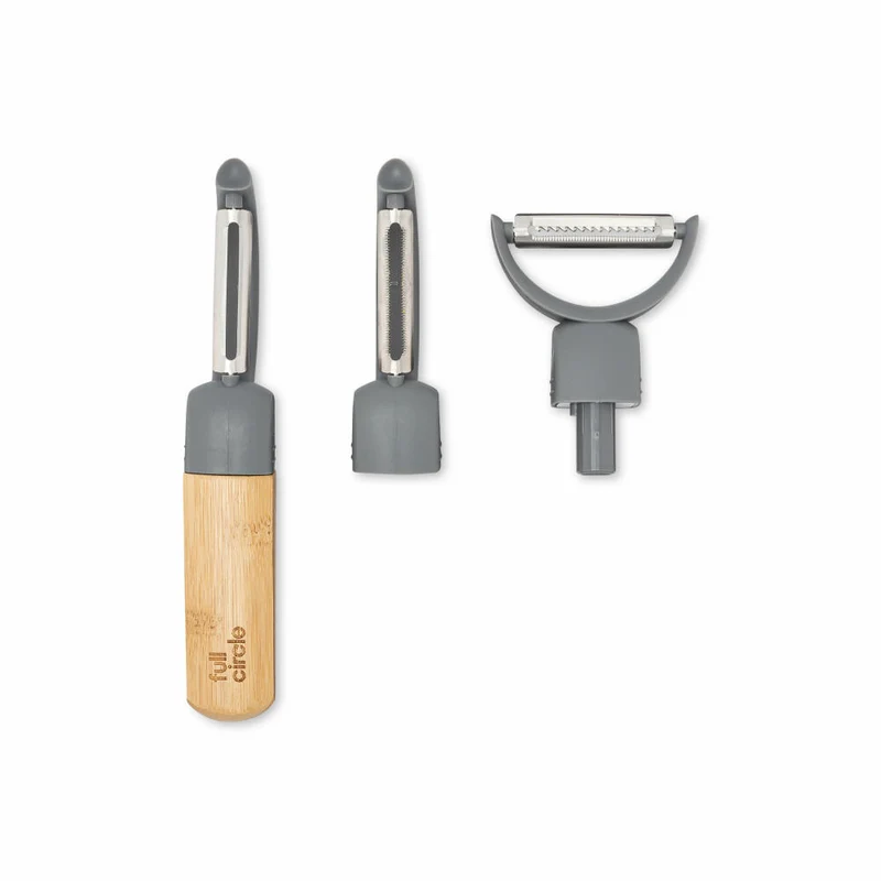 Full Circle Home 3-in-1 Schäler Peel Good, Küchenschäler mit 3 Aufsätzen, Bambus, Edelstahl, Recycling-Kunststoff, Grau, FC21703GY