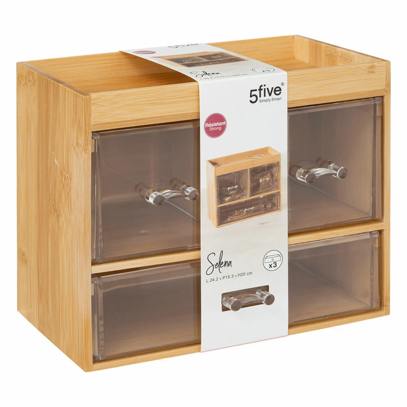 5five Simply Smart Schmuckorganizer Selena mit 3 Schubladen, Schmuckaufbewahrung, Bambus, Kunststoff, 24 x 15 x 20 cm, 174806