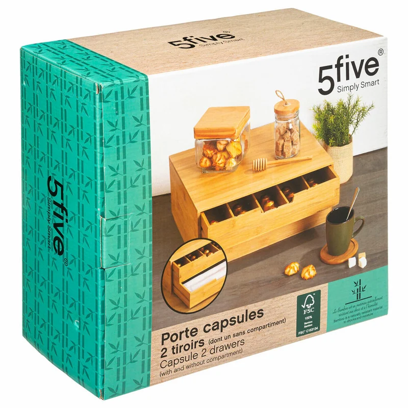 5five Simply Smart Kapselregal mit 2 Schubladen, Kaffeekapselhalter, Bambus, MDF, 34 x 31 cm, 179601