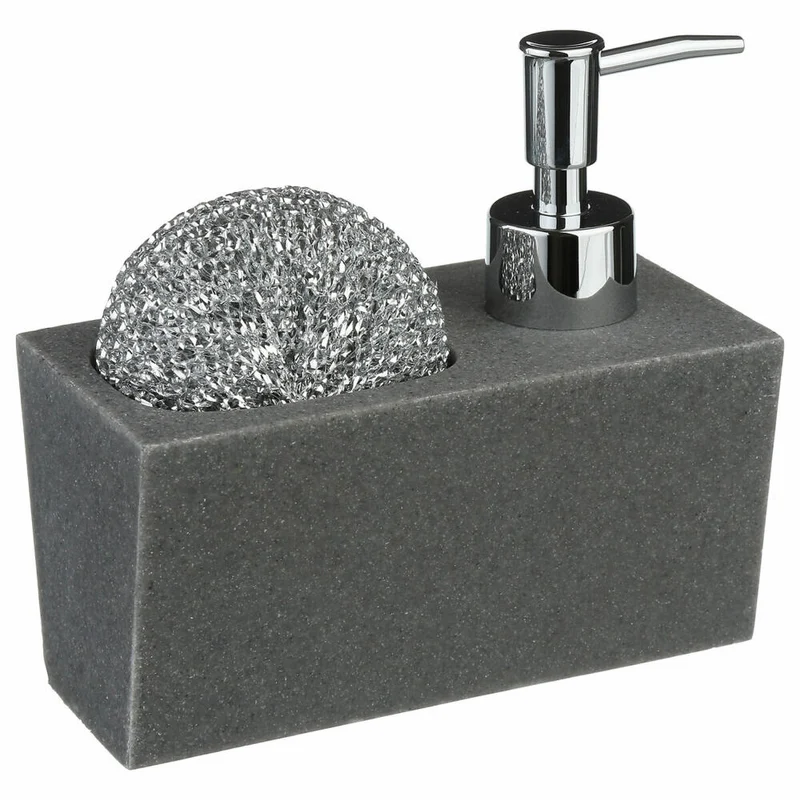 5five Simply Smart Seifenspender mit Spülschwamm, Polyresin, Kunststoff, Steingrau, 170 ml, 120052