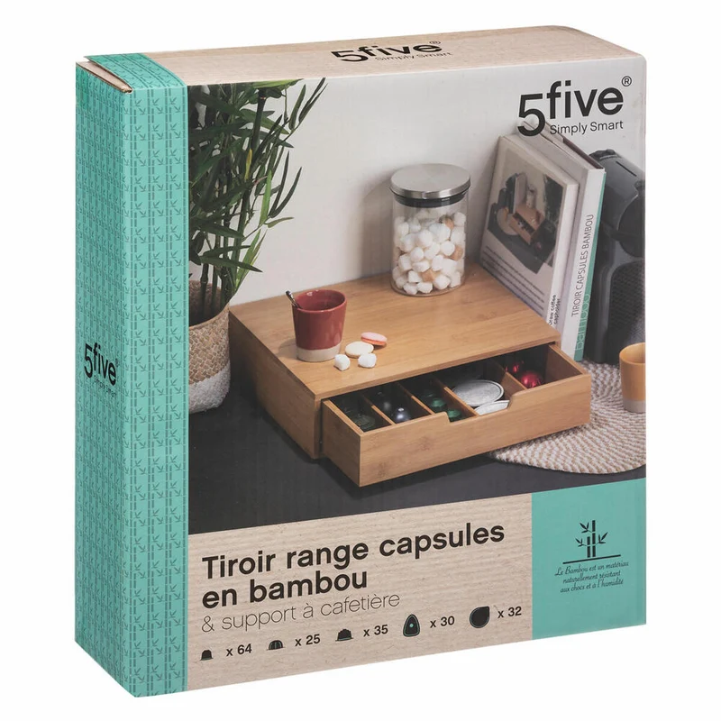 5five Simply Smart Kaffeekapsel-Regal mit Schublade, Kapselhalter, für bis zu 64 Kapseln, Bambus, 151259