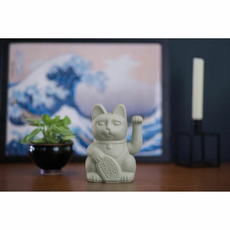 Donkey Products Winkekatze Lucky Cat, Glücksbringer, winkende Katze, Kunststoff, Grau, ca. 15 cm, 330436
