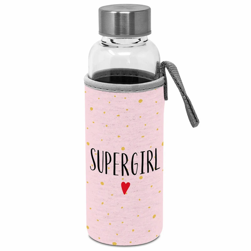 PPD Glass Bottle Supergirl, mit Schützhülle, Flasche, Glasfalsche, Trinkflasche, Borosilikatglas, Rosa, 350 ml, 461301