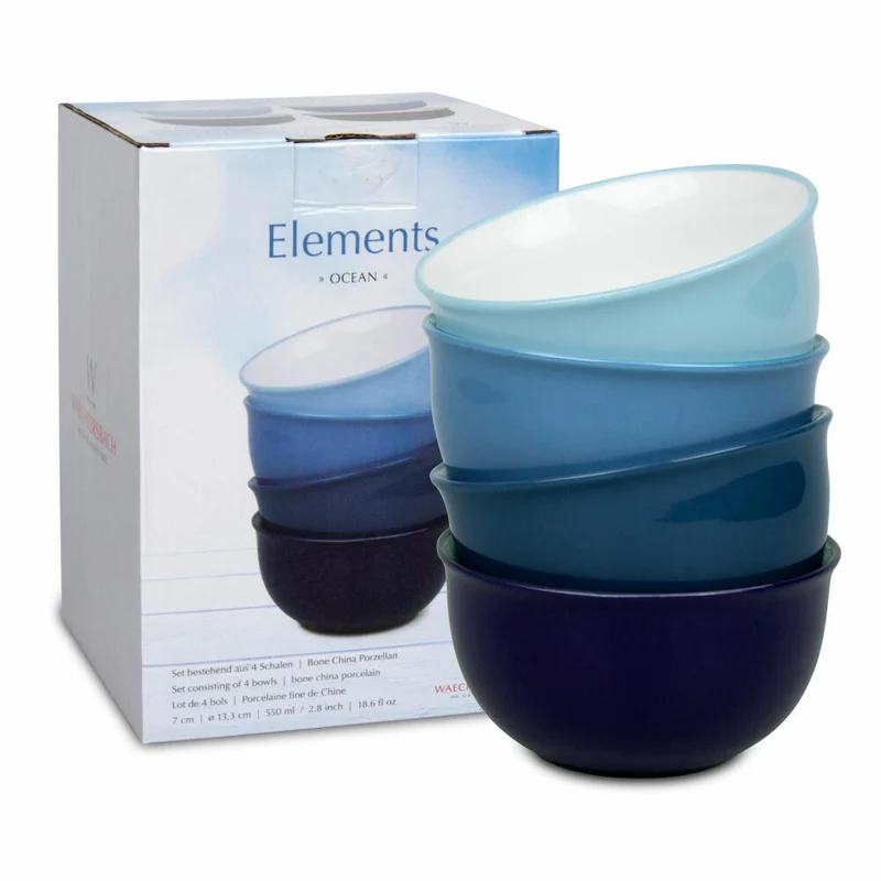 Waechtersbach Elements Ocean Müslischalen 4er Set, Schüsseln, Schalen, im Geschenkkarton, Bone China, Blau, Ø 13 cm, 41 5 972 5000