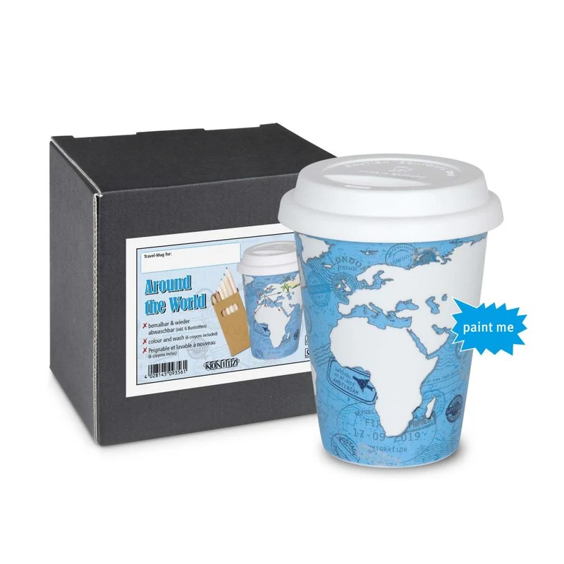 Könitz Around The World Self Made Mug mit Stifte, Becher, Kaffeebecher, Kaffeetasse, Kaffee To Go, Porzellan, Weiß / Hellblau, 380 ml, 11 5 162 2295