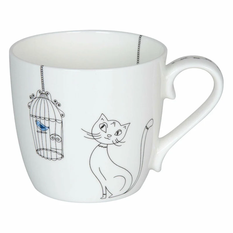 Könitz Cats and Birds Becher, Kaffeebecher, Kaffeetasse, Kaffee Tasse, Teetasse, Porzellan, Weiß / Schwarz, 425 ml, 11 2 057 2298