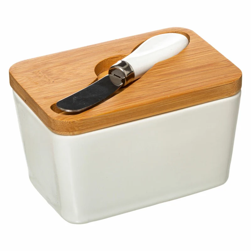 5Five Simply Smart Butterdose mit Streichmesser, Butterschale, Keramik, Bambus, 13.5 x 9.3 cm, 179609