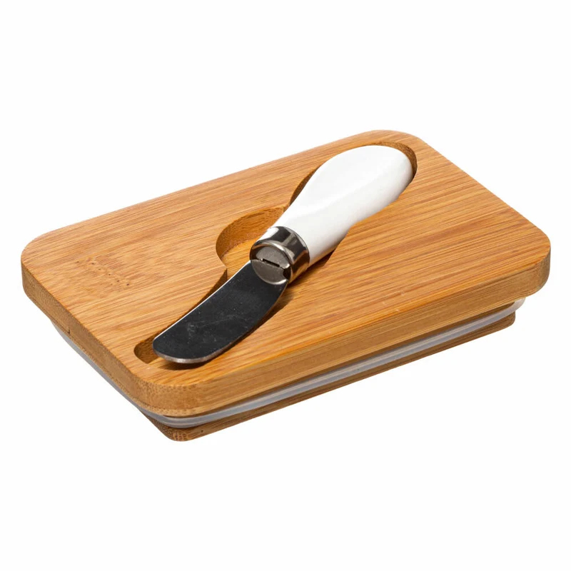 5Five Simply Smart Butterdose mit Streichmesser, Butterschale, Keramik, Bambus, 13.5 x 9.3 cm, 179609