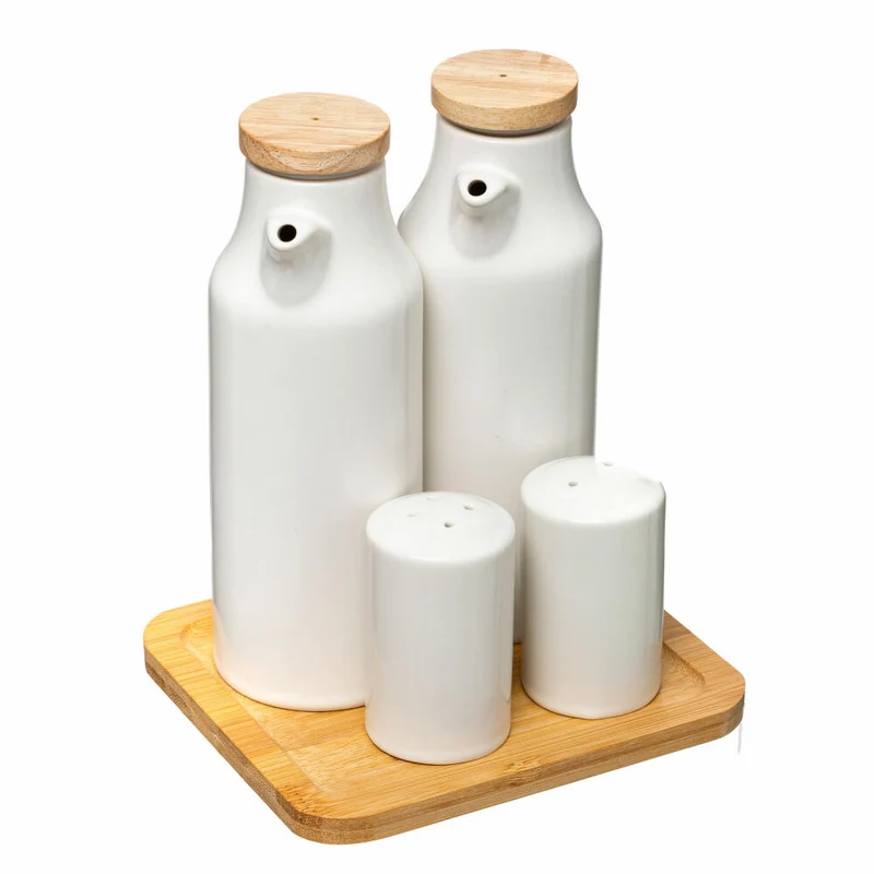 5Five Simply Smart Öl- und Essig-Set 5-tlg., Ölkaraffen mit Gewürzstreuern und Unterlage, Porzellan, Bambus, 179613