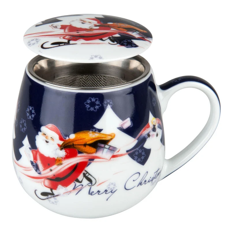 Könitz Merry Christmas Weihnachtsmann Becher, Tasse, Teetasse, mit Sieb und Deckel, Porzellan, 420 ml, 11 5 143 0810