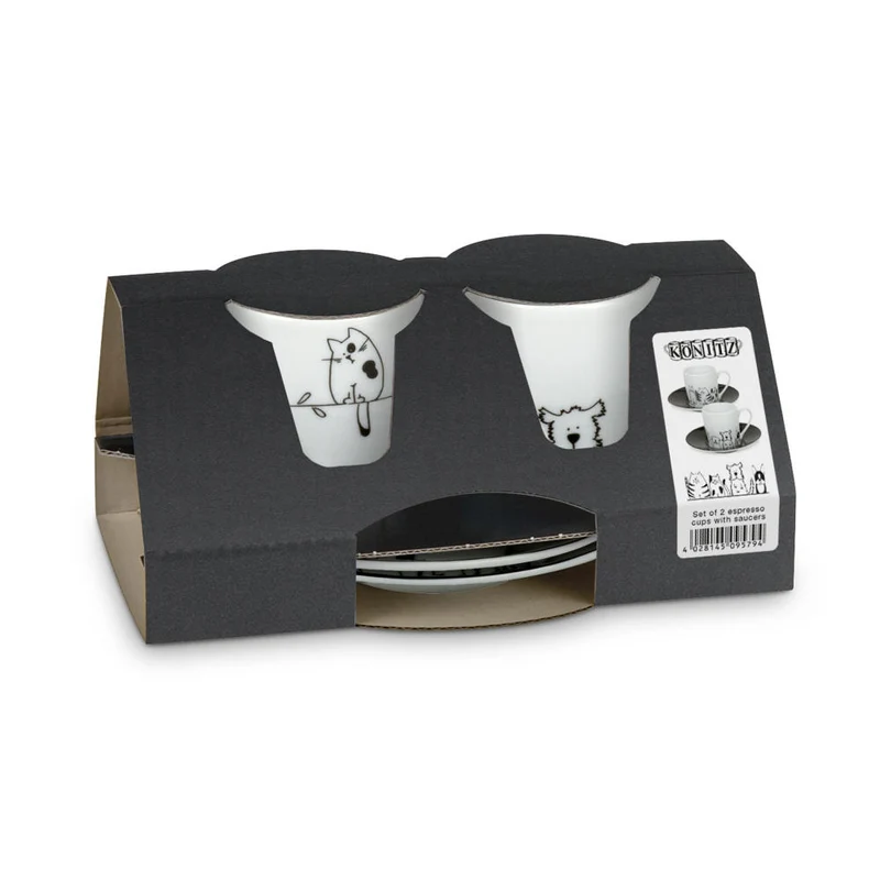 Könitz Funny Cats & Dogs Espresso Geschenkset, 4-tlg.,2 Espresso Tassen mit Untertasse, Porzellan, 85 ml, 11 5 054 2075