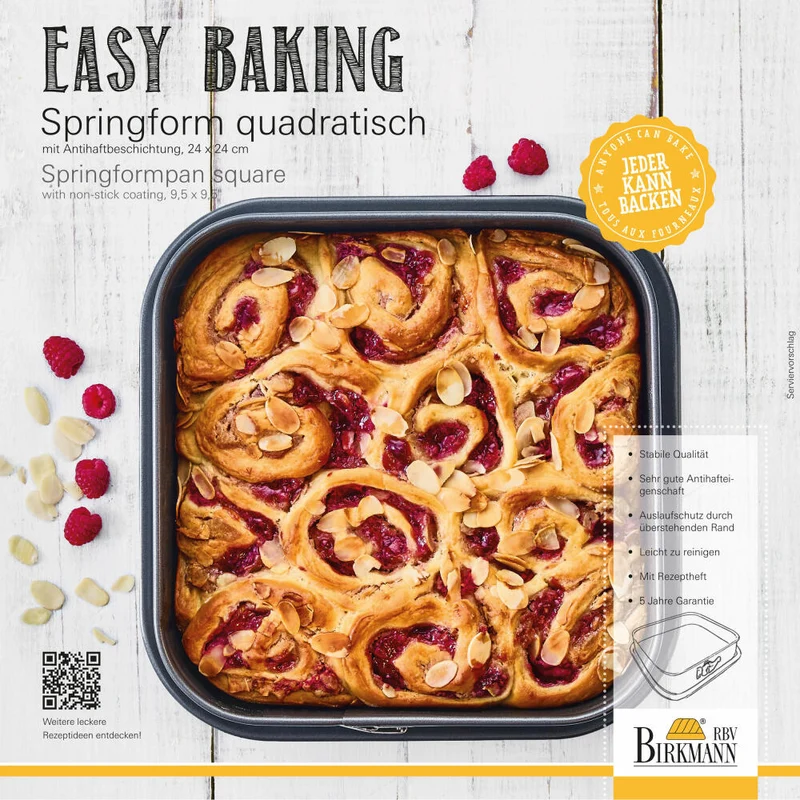 Birkmann Easy Baking Springform Quadratisch, Backform, Kuchenbackform, Kuchenform, Karbonstahl, 24 x 24 cm, 881709