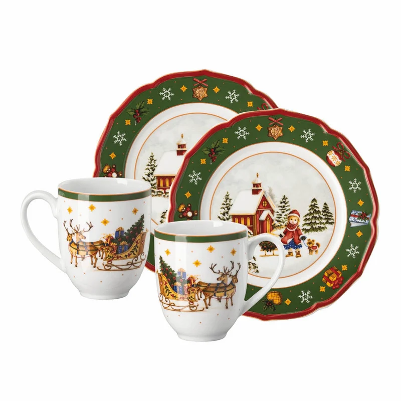Hutschenreuther Weihnachts-Set 4-tlg. Happy Wintertime Green, Porzellan, Mehrfarbig, 02488-727472-29213