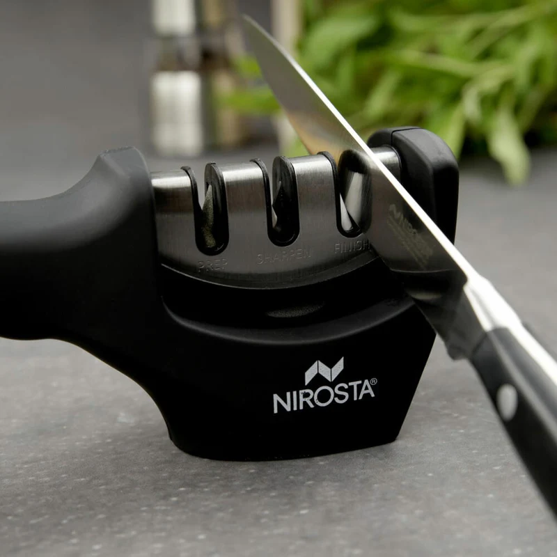 Nirosta Messerschärfer Quick-Sharp 3-stufig, Kunststoff, Edelstahl, Silber, Schwarz, 21 x 5 x 7.5 cm, 42180