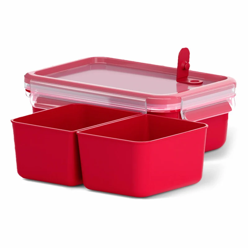 Emsa Clip & Micro Mikrowellendose mit herausnehmbaren Trenneinsätzen, Gefrierdose, Dose, Frischhalte Box, Clipbox, Kunststoff, Rot, 1 L, 517774
