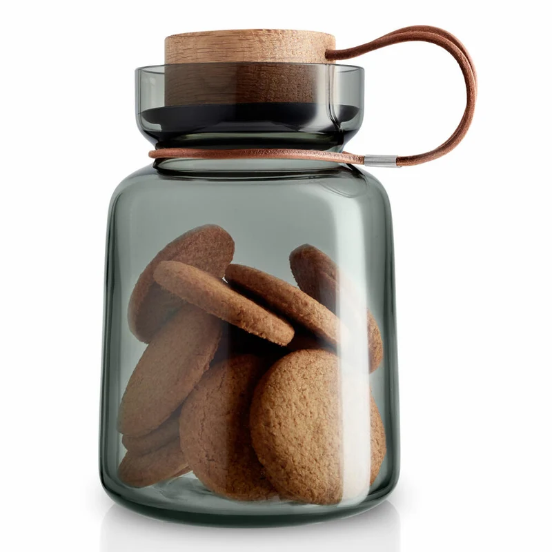 Eva Solo Silhouette Aufbewahrungsglas, Vorratsglas, Glasbehälter, Einmachglas, Rauchglas/Holz/Silikon/Leder, 1 L, 591502