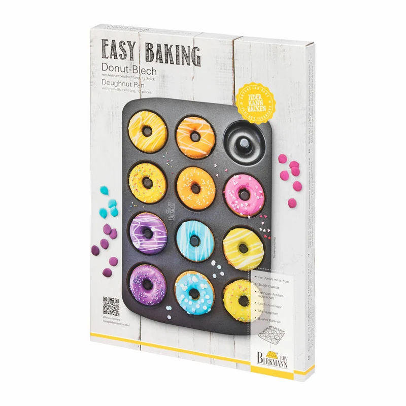 Birkmann Easy Baking Donut-Blech, Donut Backform, Backblech, Donutform, Schablone, für 12 Donuts je 7 cm, Schwarz, 881624