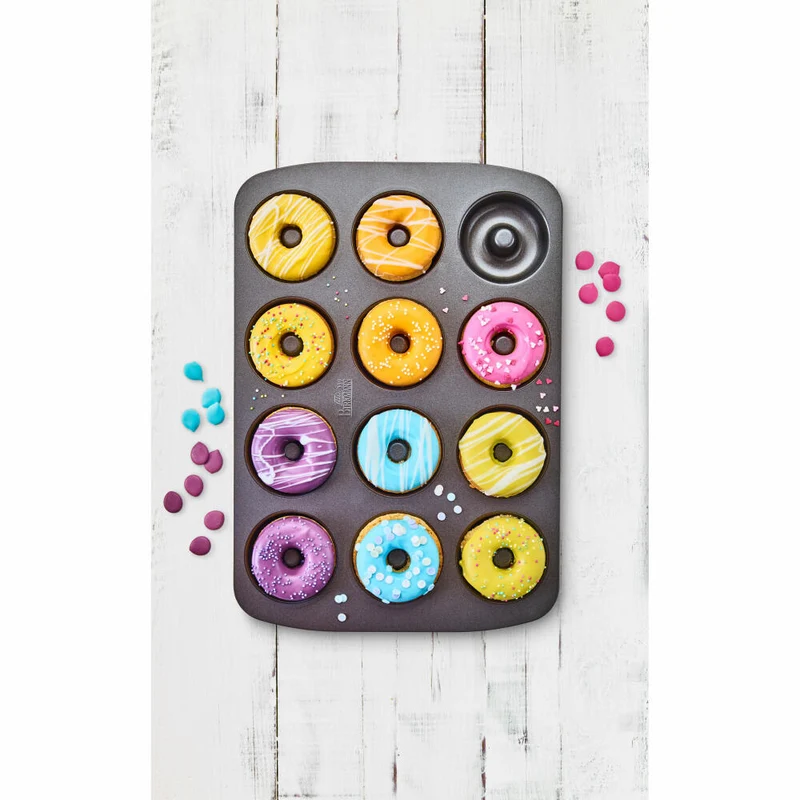 Birkmann Easy Baking Donut-Blech, Donut Backform, Backblech, Donutform, Schablone, für 12 Donuts je 7 cm, Schwarz, 881624