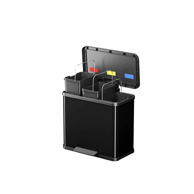 Hailo Mülltrennsystem Öko trio Plus L, Tret-Mülleimer, Abfalltrenner, Abfalleimer, Stahlblech, Schwarz, 3 x 9 L, 0633-260