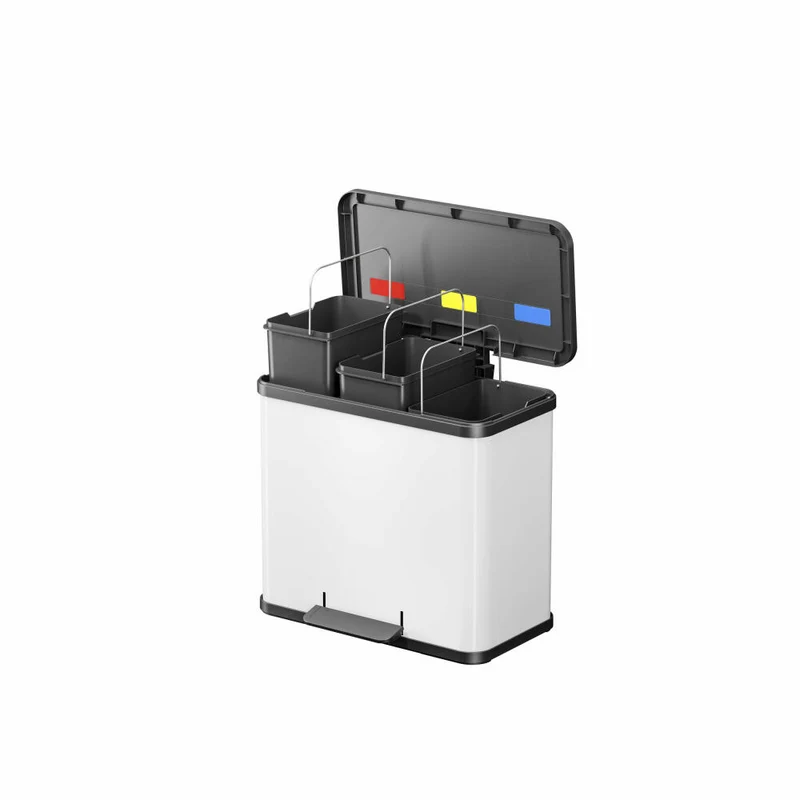 Hailo Mülltrennsystem Öko trio Plus L, Tret-Mülleimer, Abfalltrenner, Abfalleimer, Stahlblech, Weiß, 3 x 9 L, 0633-230
