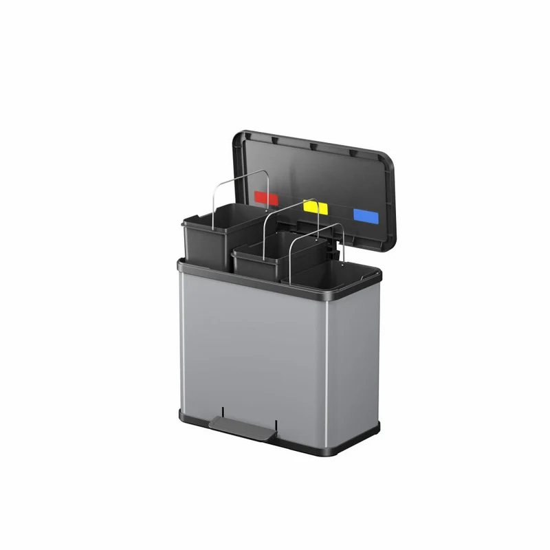 Hailo Mülltrennsystem Öko trio Plus L, Tret-Mülleimer, Abfalltrenner, Abfalleimer, Stahlblech, Silber, 3 x 9 L, 0633-220