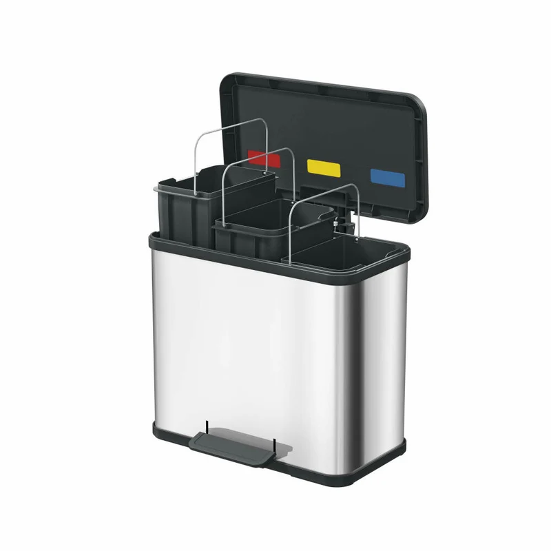 Hailo Mülltrennsystem Öko trio Plus L, Tret-Mülleimer, Abfalltrenner, Abfalleimer, Edelstahl, 3 x 9 L, 0633-200