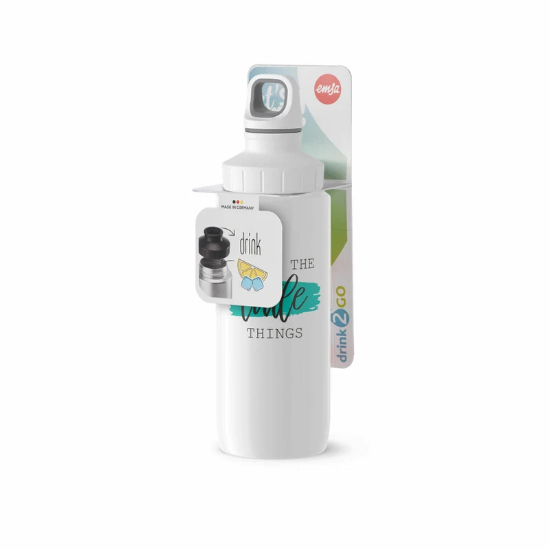 EMSA Drink2Go Trinkflasche, Wasserflasche, Flasche, Edelstahl, Weiß / Little things Dekor, 0.6 L, N30110